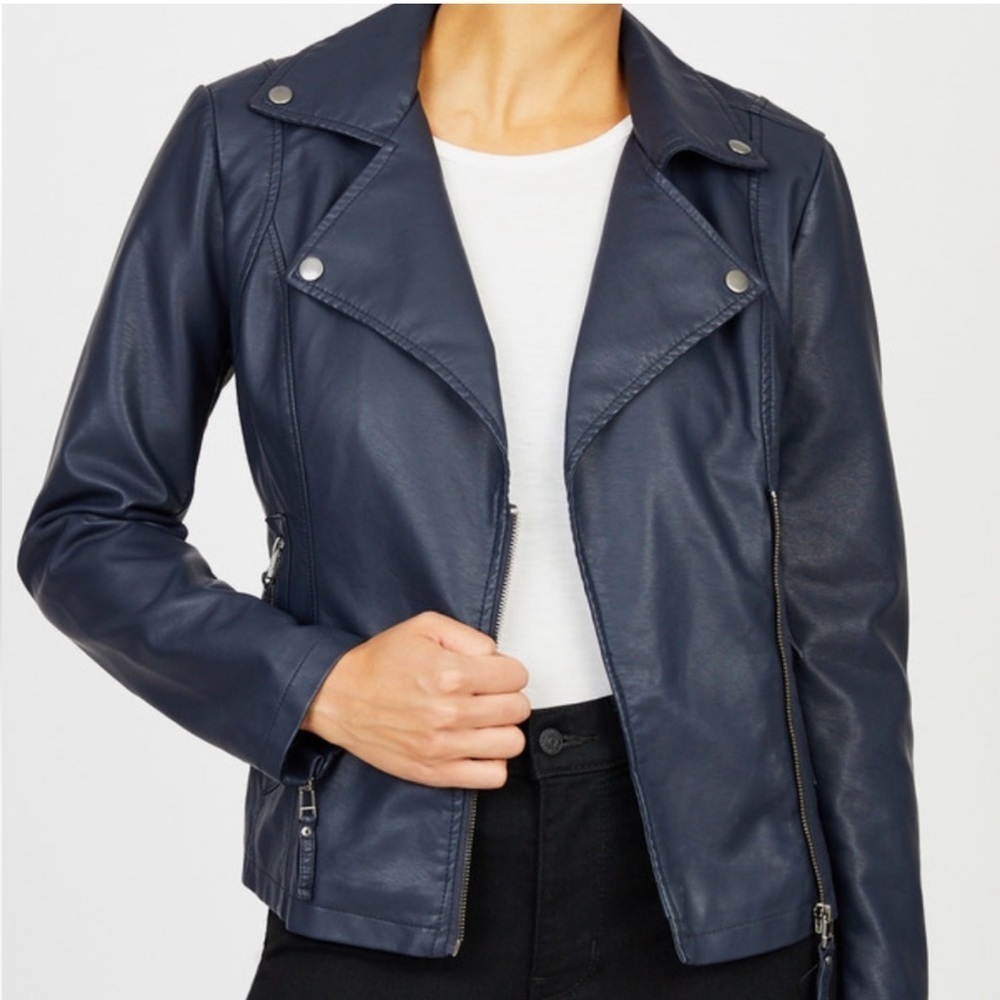 Max Studios Women’s Navy Blue Faux Leatherette Moto Jacket size L (like M fit) - Picture 2 of 14